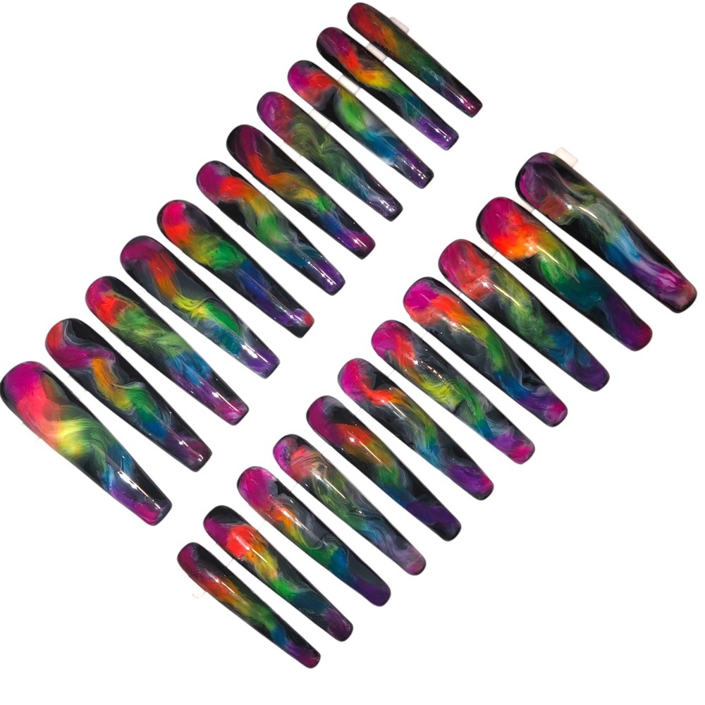 Custom Handmade Set of 22 Press On Nails 2X Long Coffin Shape Black & Ne… - Picture 6 of 9